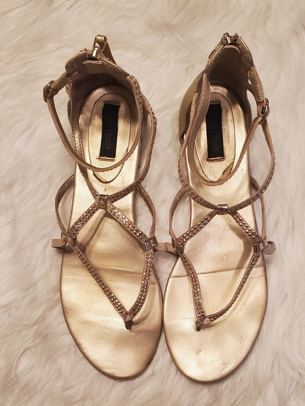 WHBM Elina Gold Metallic Strappy Rhinestone Flat Sandal Back Zip Size 10